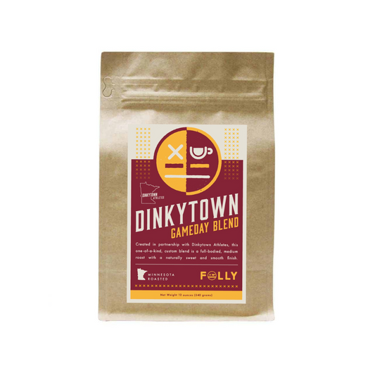 12oz bag of Dinkytown Athletes Gameday Blend coffee, medium-dark roast with a smooth, sweet finish