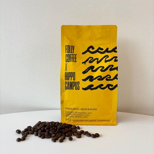 Yellow bag of Folly Coffee x Hippo Campus collaboration medium blend with coffee beans scattered in front on white background