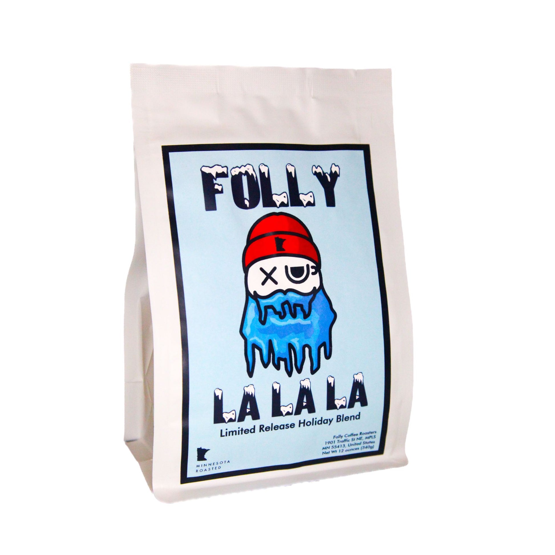 White bag with blue label featuring a melting snowman wearing a red hat and text reading Folly La La La Holiday Blend